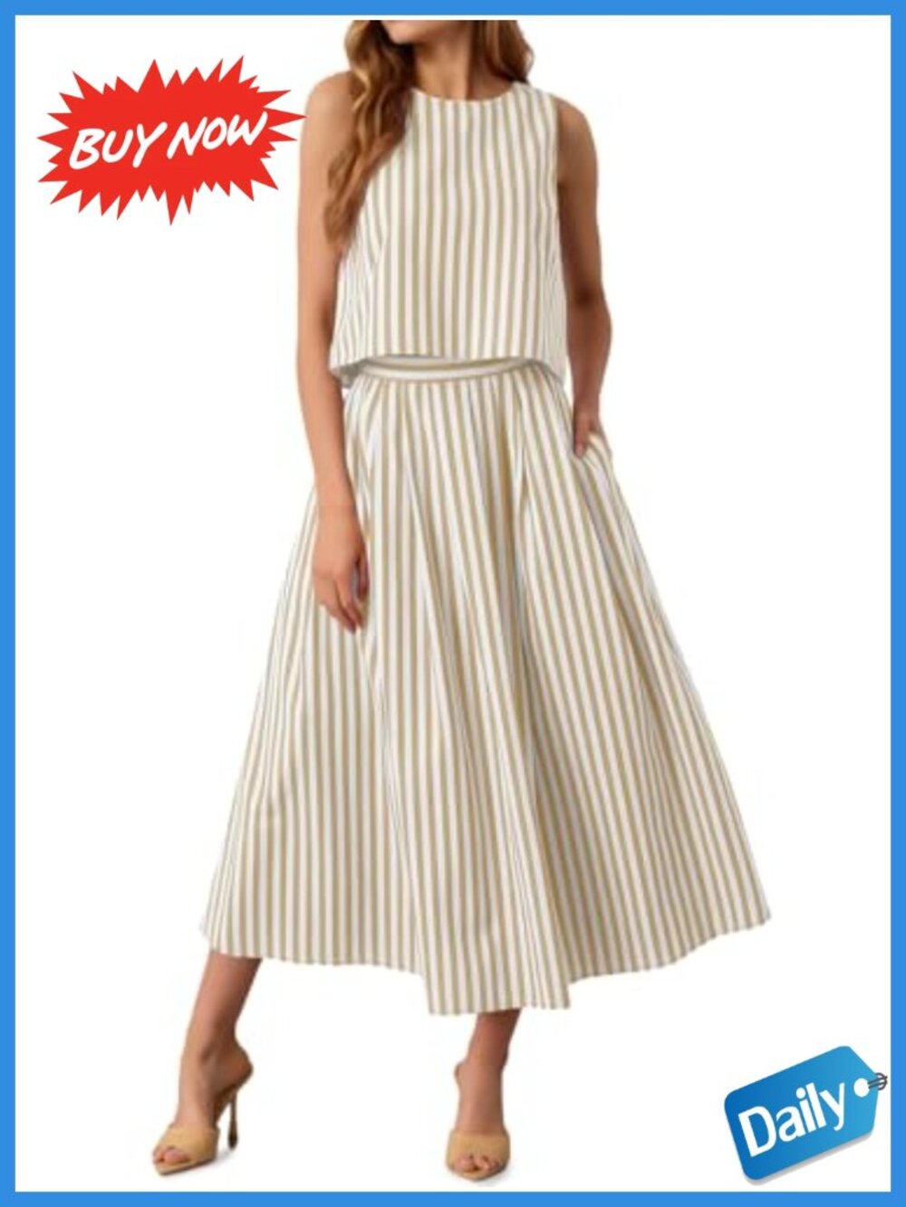 Women's 2 Piece Striped Skirt Set Sleeveless Tank Top Midi Skirt Summer